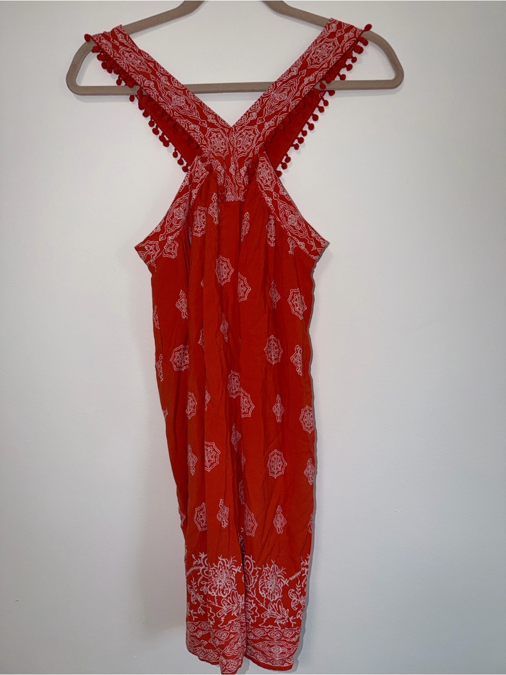 LOFT Red Printed Sleeveless Midi Dress with Pom Trim